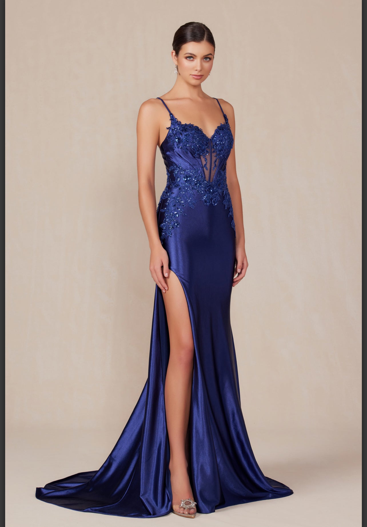 Navy blue LUXURIOUS SHINY SATIN MATERIAL A SWEETHEART NECKLINE & SLIT