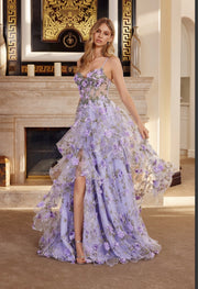 Lilac long organza ball gown with full flower applique v bustline