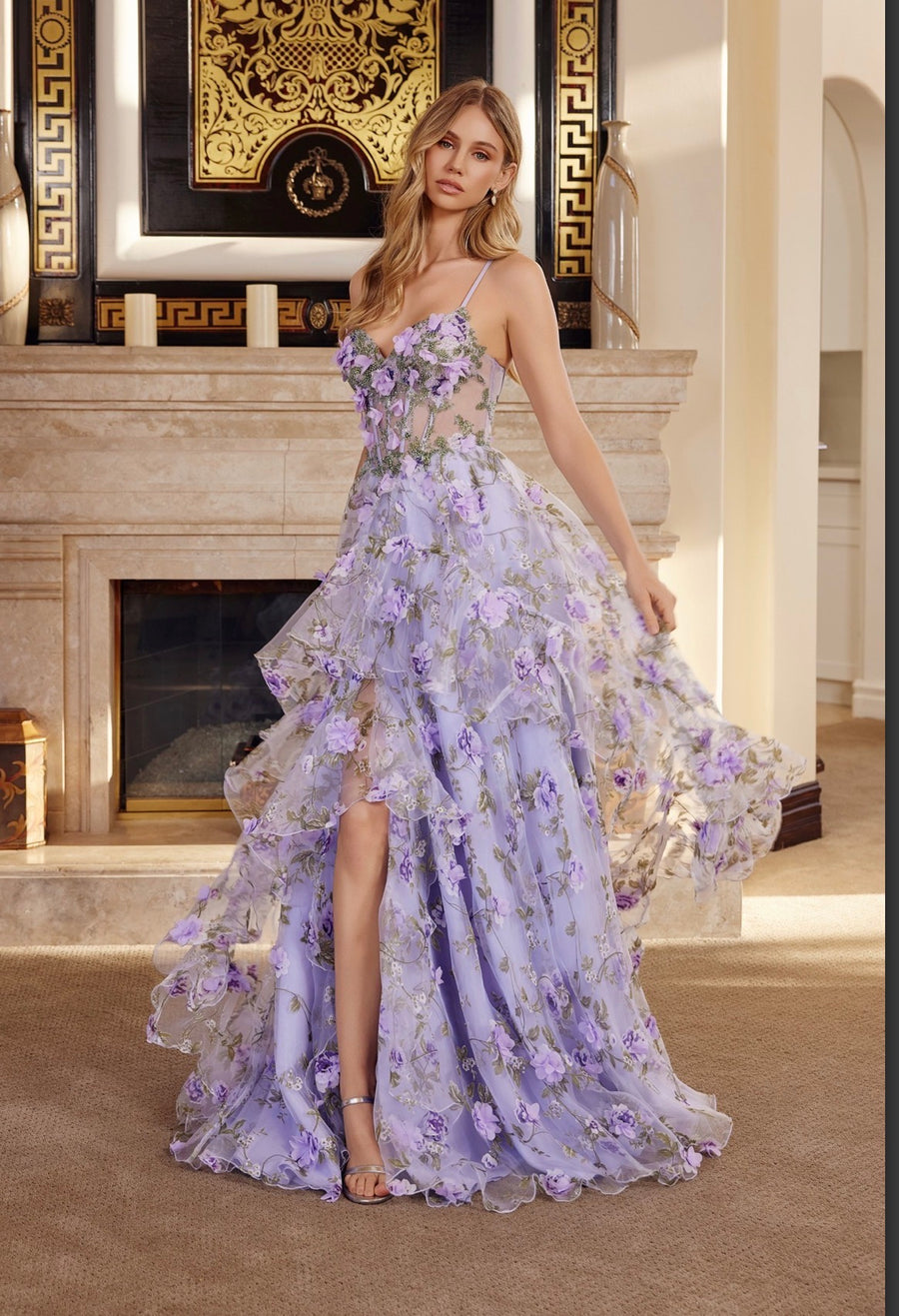 Lilac long organza ball gown with full flower applique v bustline