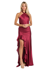 Wine color Ruffled Elegance: Satin High Neck Halter Dress with Dramati Tabu Knits Boutique Wine color Ruffled Elegance: Satin High Neck Halter Dress with Dramati Tabu Knits Boutique