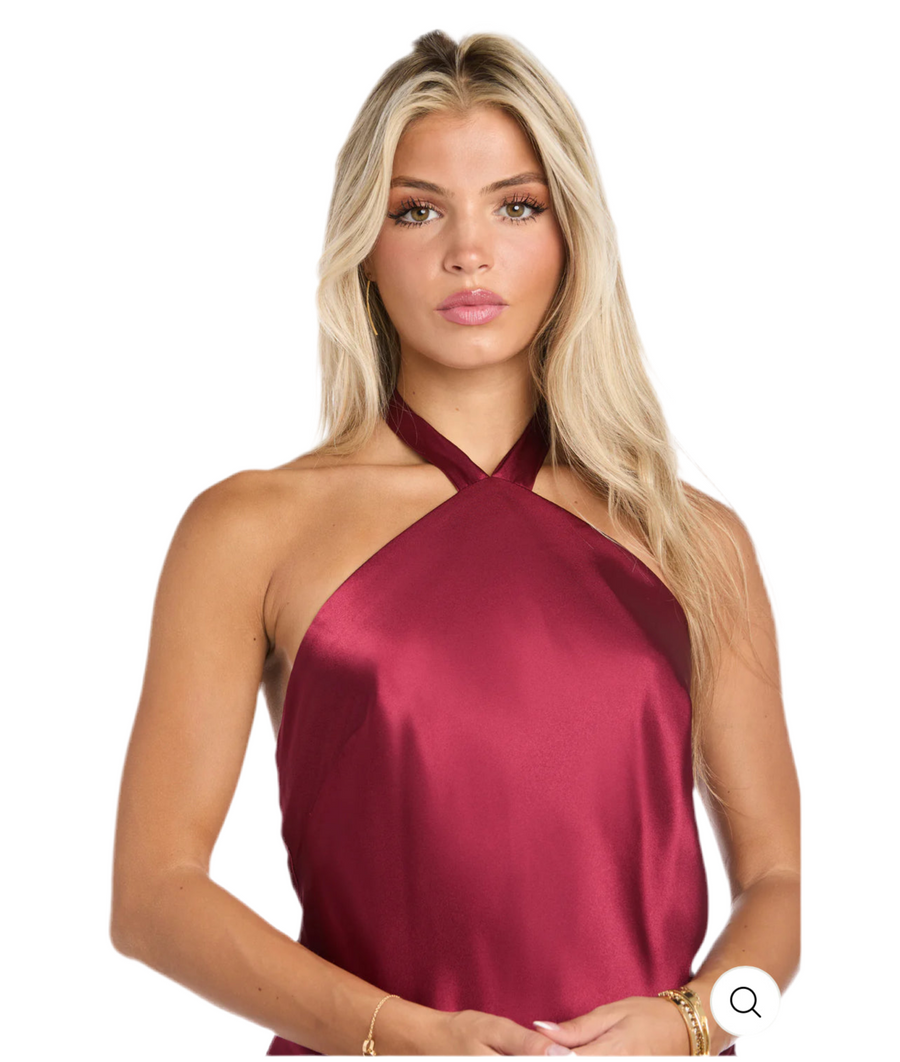 Wine color Ruffled Elegance: Satin High Neck Halter Dress with Dramati Tabu Knits Boutique Wine color Ruffled Elegance: Satin High Neck Halter Dress with Dramati Tabu Knits Boutique