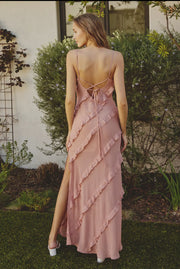 Blush color diagonal ruffle maxi dress