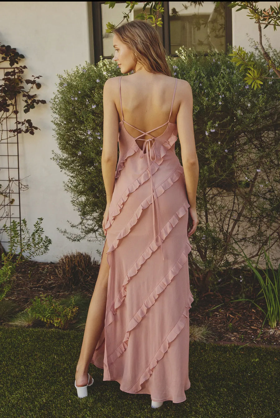 Blush color diagonal ruffle maxi dress