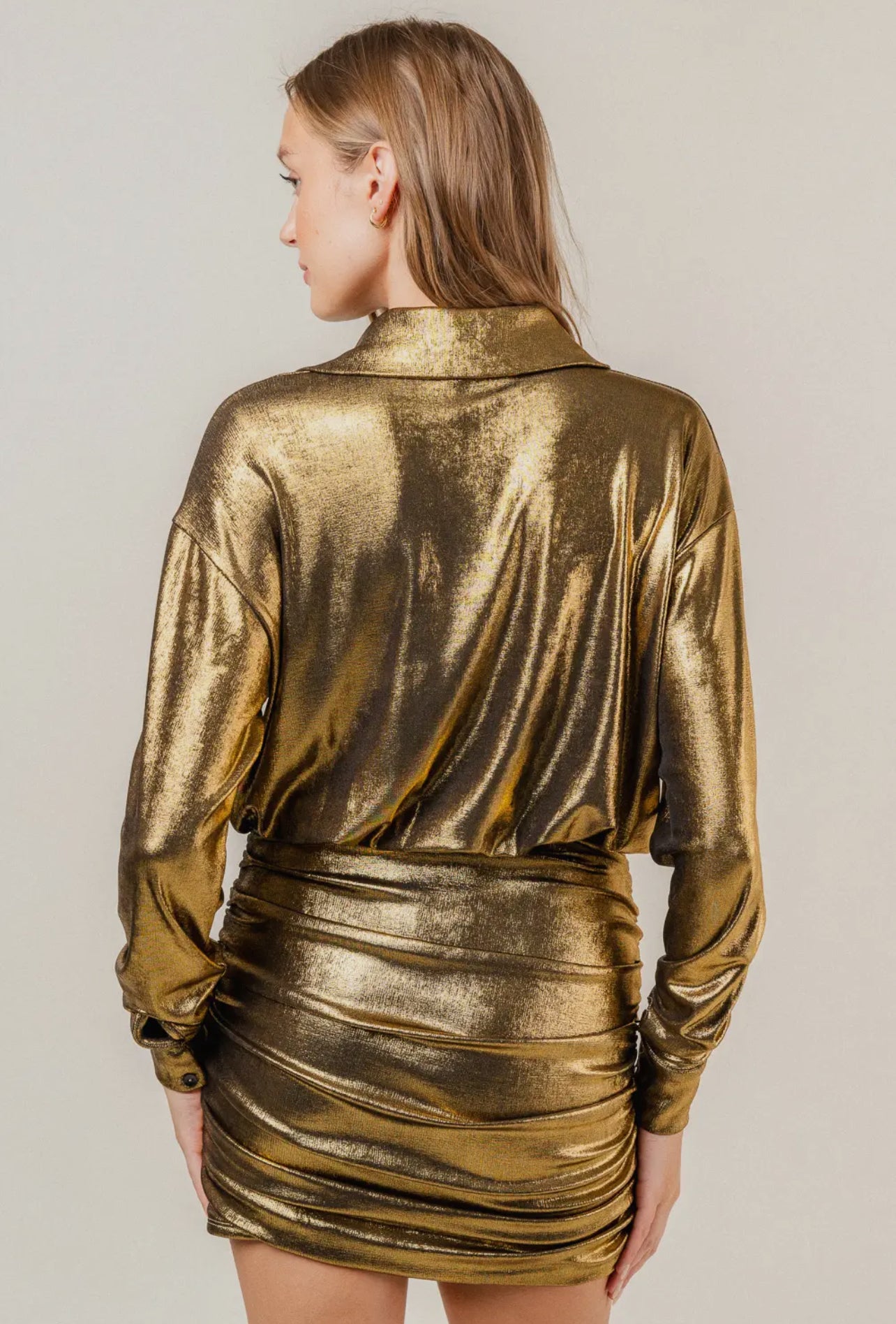 Metallic Gold collar shirt ruched mini dress