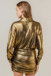 Metallic Gold collar shirt ruched mini dress