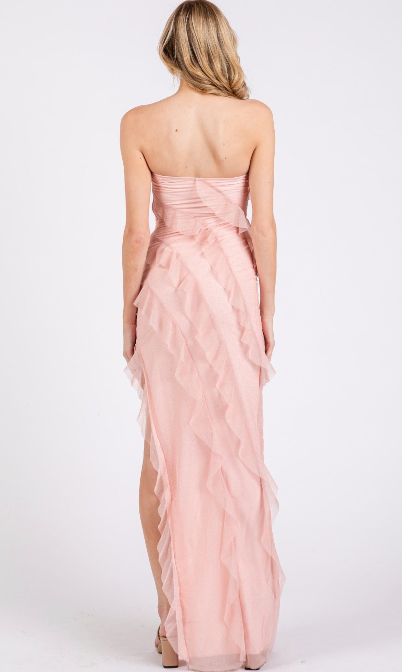 Blush pink GLITTER MESH SIDE SLIT RUFFLE TUBE Tabu Knits Boutique Blush pink GLITTER MESH SIDE SLIT RUFFLE TUBE Tabu Knits Boutique