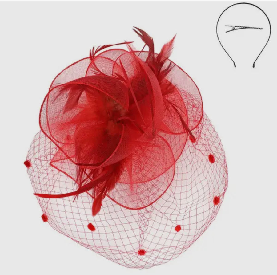 Red Kentucky Derby flower feathers veiled fascinator