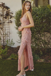 Blush color diagonal ruffle maxi dress