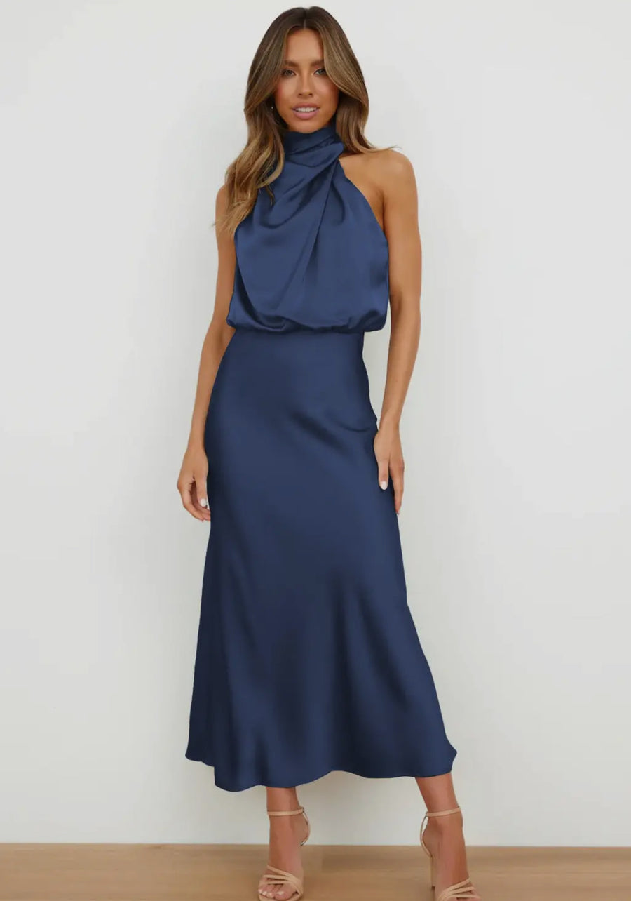 Navy Sleeveless Elegant Satin midi dress