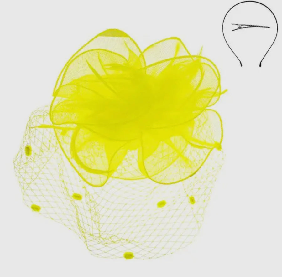 Yellow Kentucky Derby flower feathers veiled fascinator
