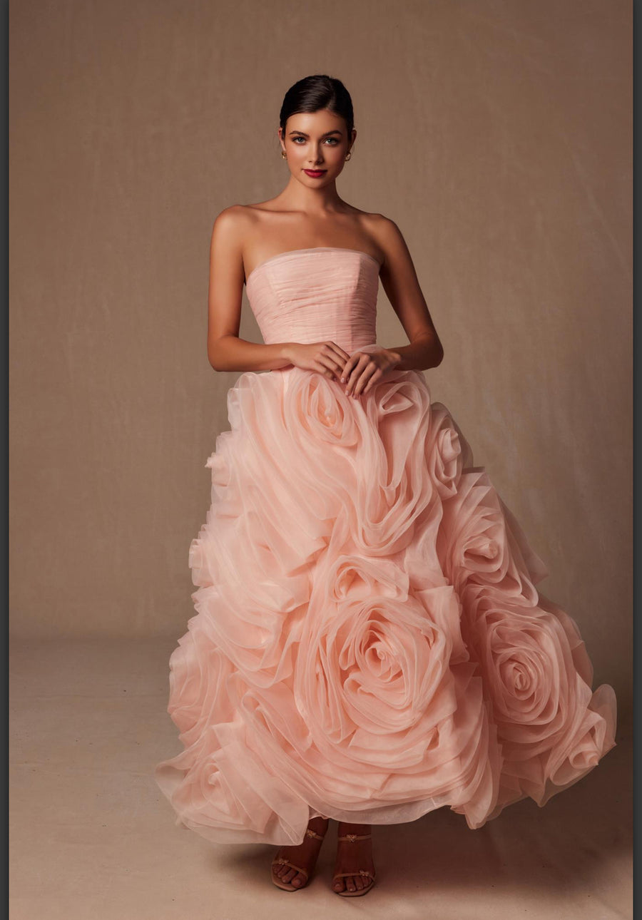 Peach color Strapless Corset Rosette Tea Length