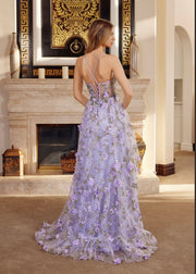 Lilac long organza ball gown with full flower applique v bustline