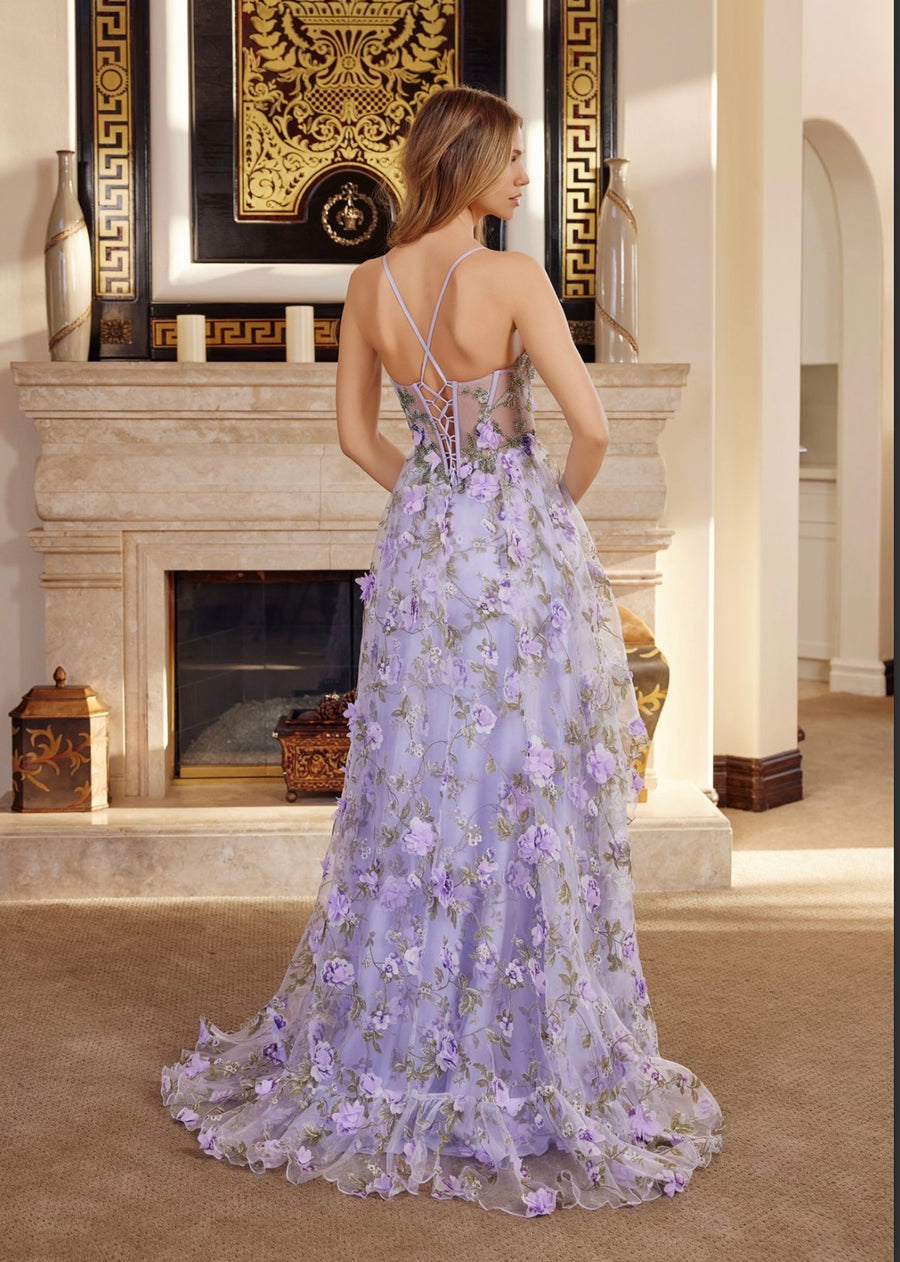 Lilac long organza ball gown with full flower applique v bustline