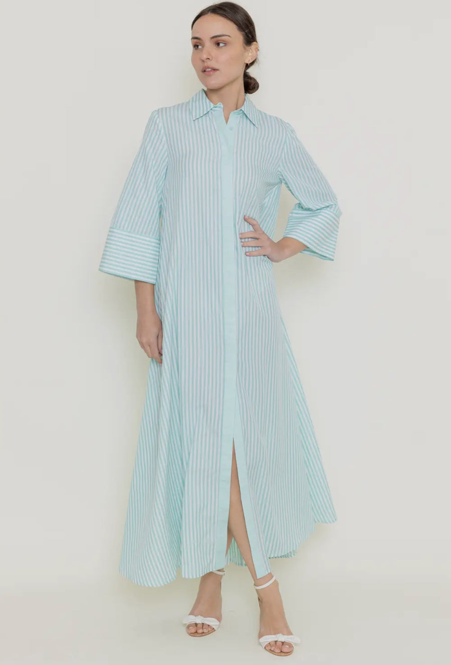Light green, white striped oversize maxi dress