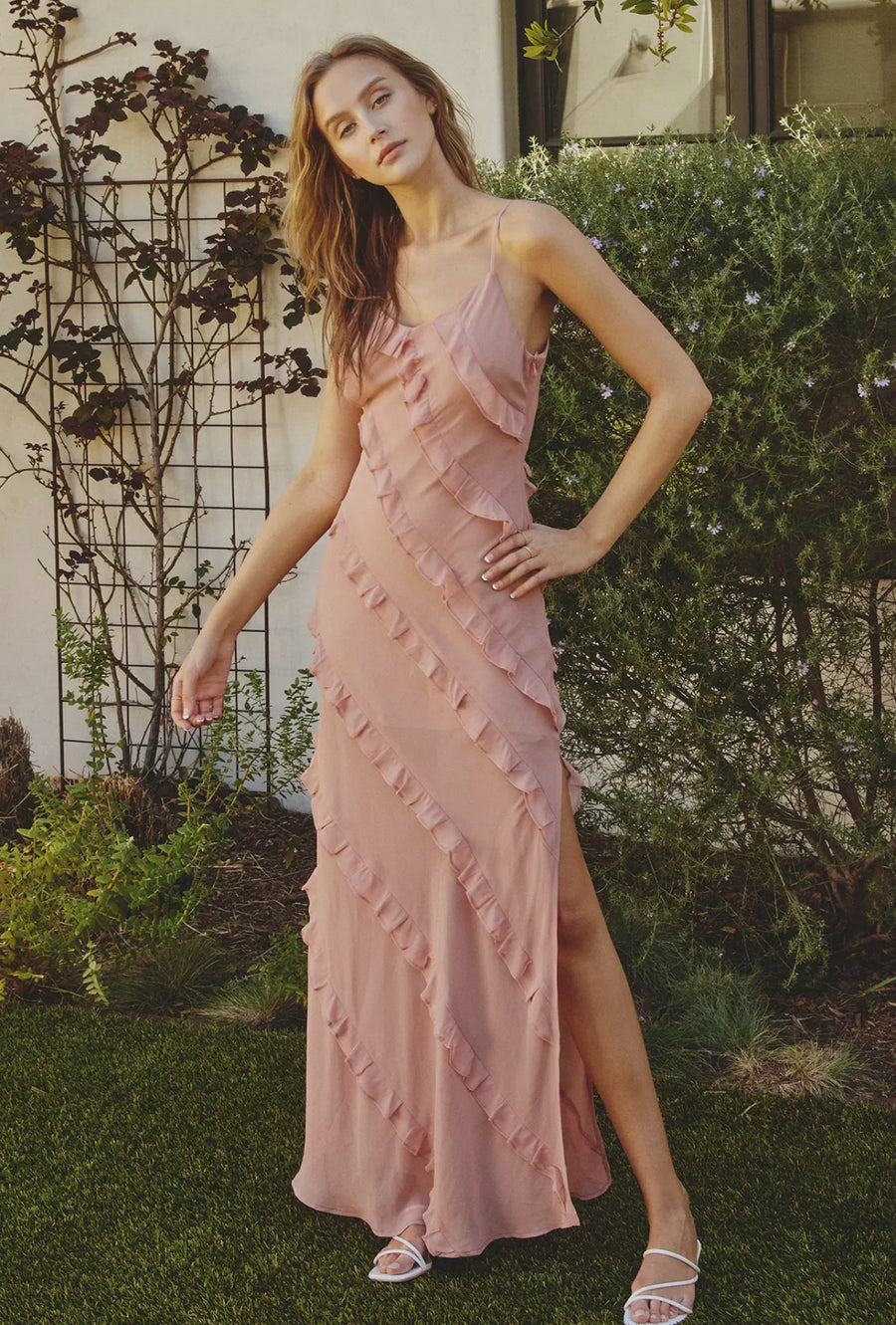 Blush color diagonal ruffle maxi dress