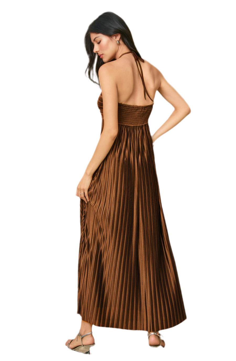 Pleated Halter Neck Maxi Dress