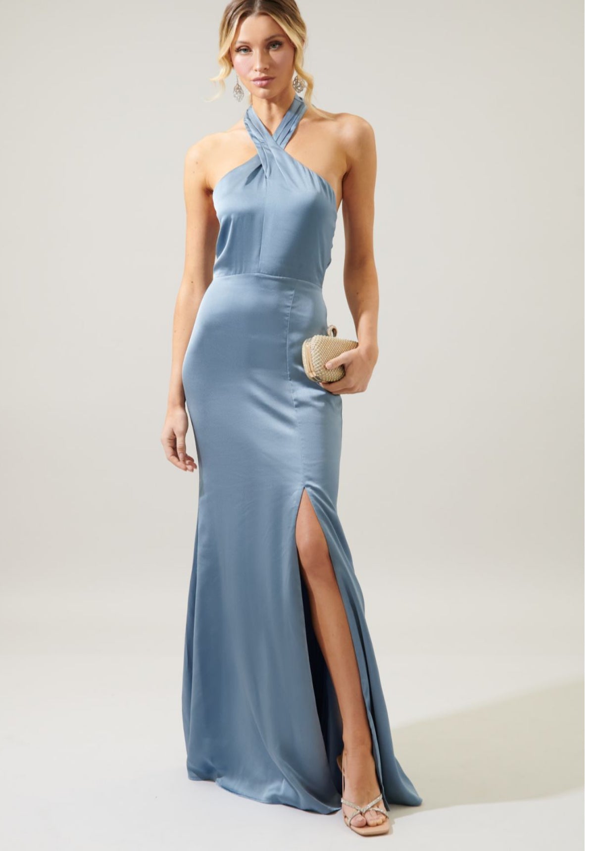 Dusty blue -Spellbound Halter Satin Maxi Dress Tabu Knits Boutique Dusty blue -Spellbound Halter Satin Maxi Dress Tabu Knits Boutique