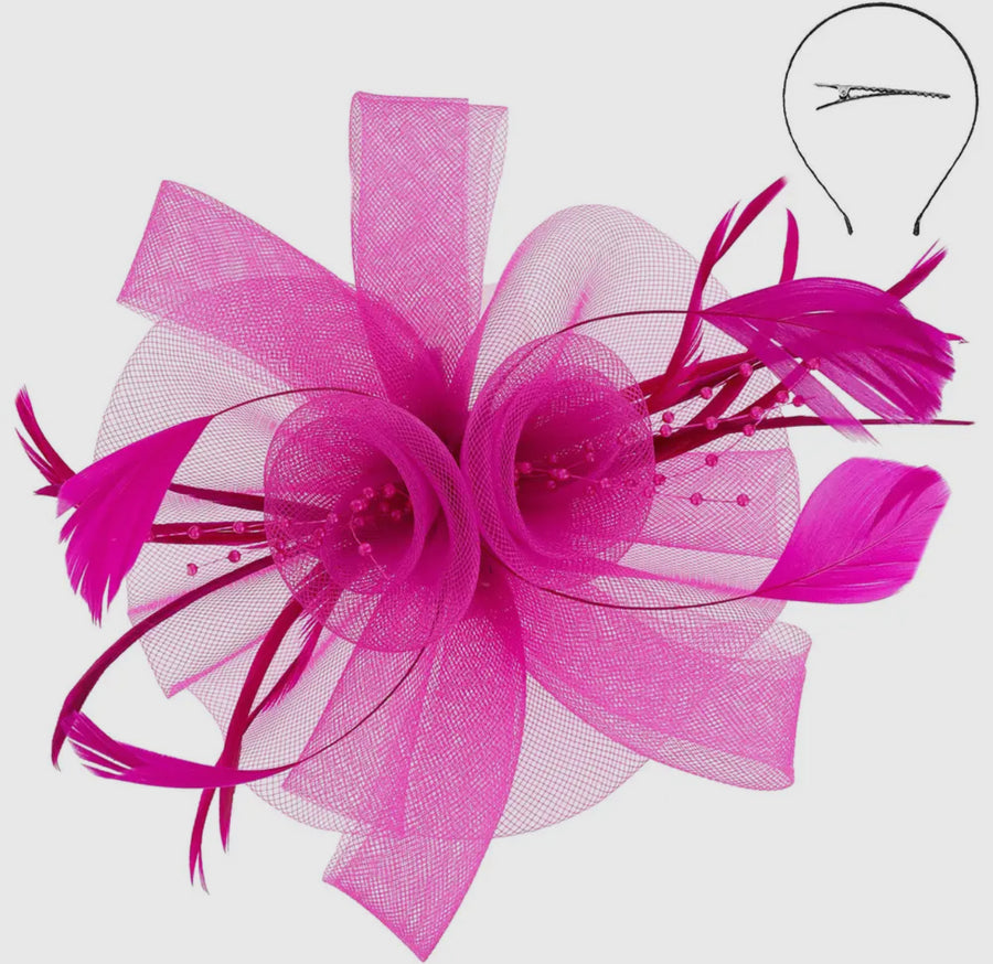 Pink Kentucky Derby flower feathers veiled fascinator