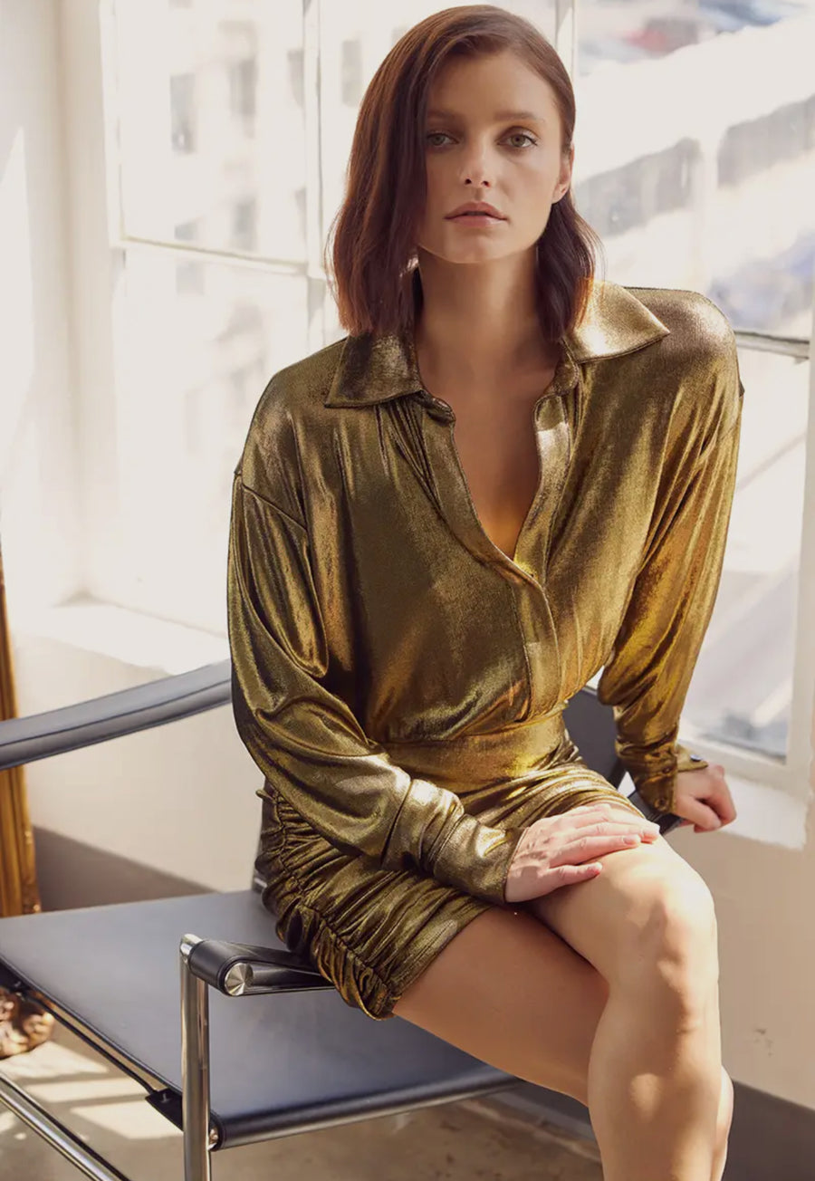 Metallic Gold collar shirt ruched mini dress
