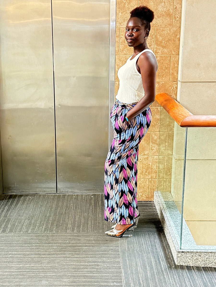 Abstract feather motif pants