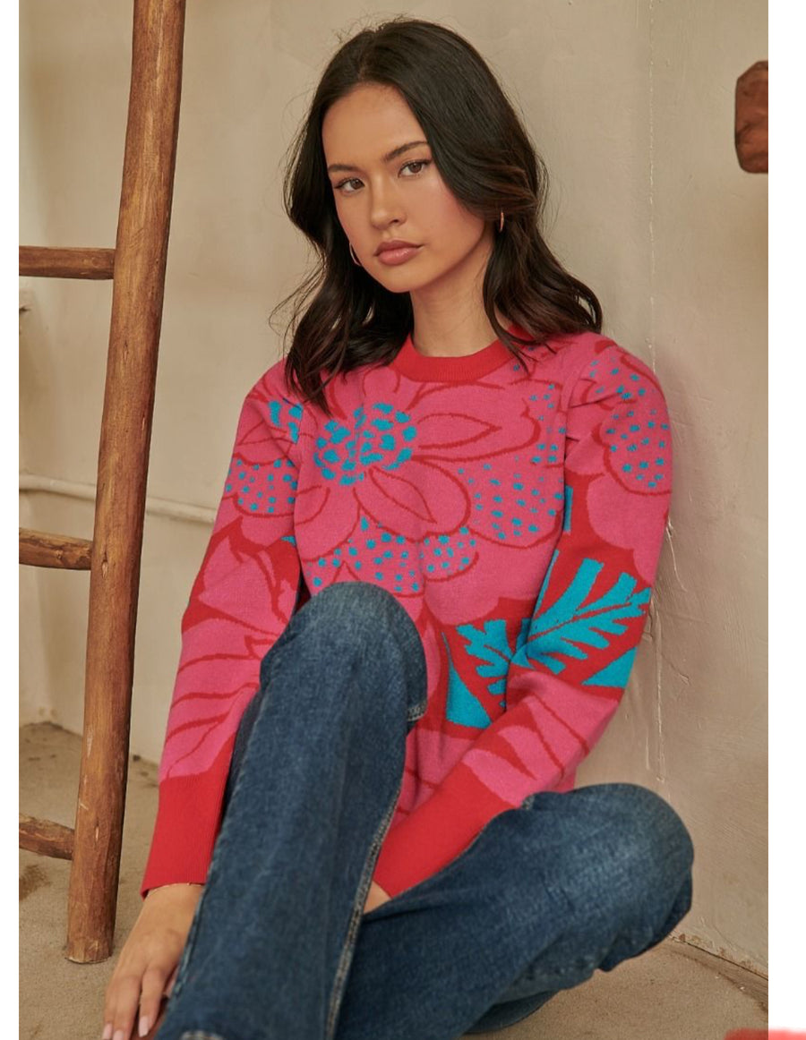 Fuchsia Blue-Zinnia Floral Gathered Shoulder Sweater