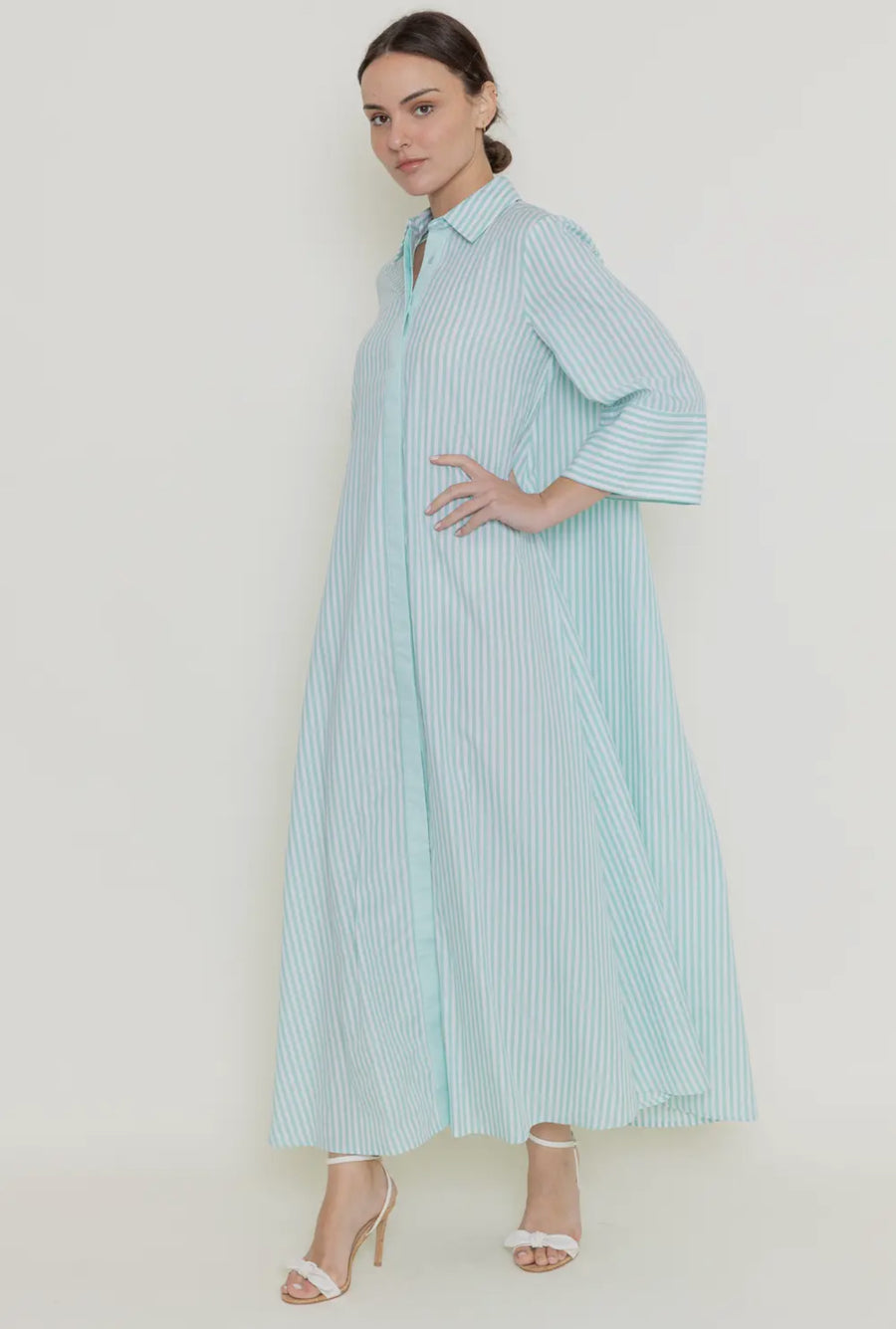 Light green, white striped oversize maxi dress