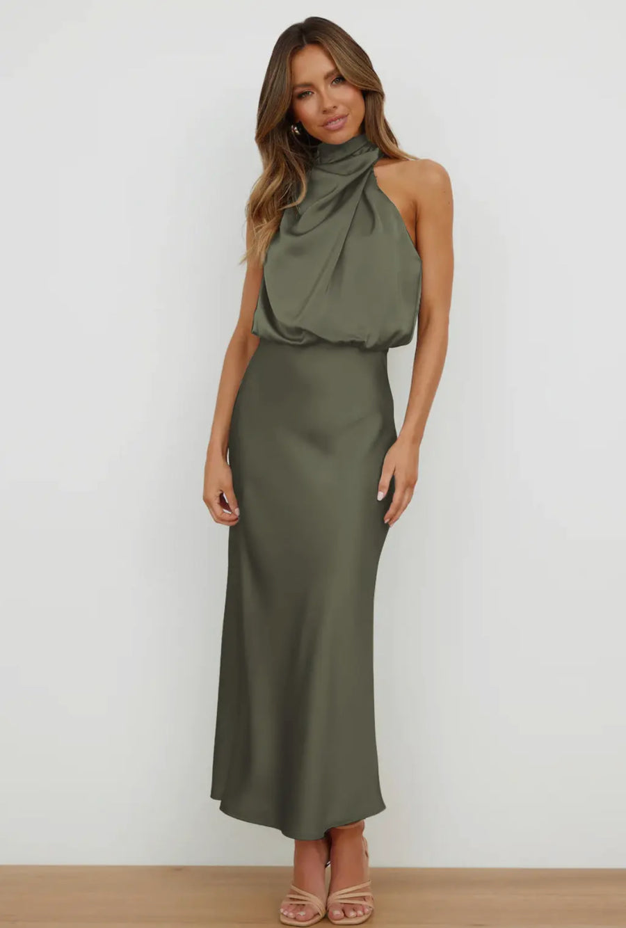 Olive Sleeveless Elegant Satin midi dress