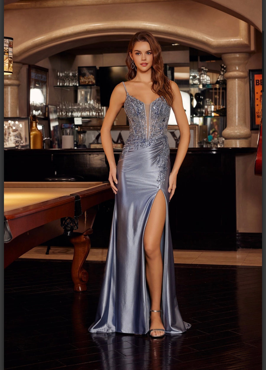 Smoky  Blue satin gown featuring a plunging v neckline