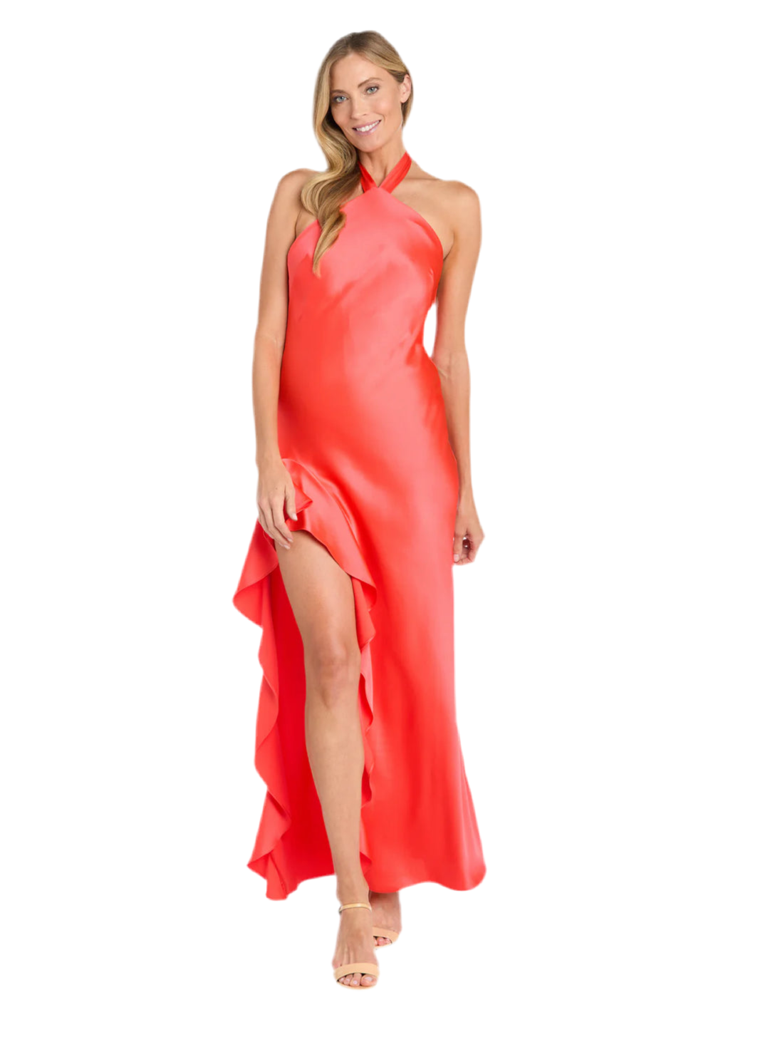 Tangerine Ruffled EleSatin High Neck Halter Dress with Dramatic Slit