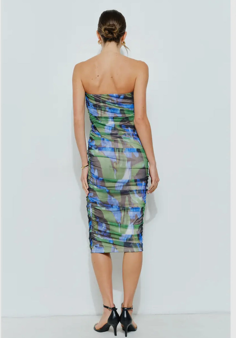 Abstract print rusched midi dress