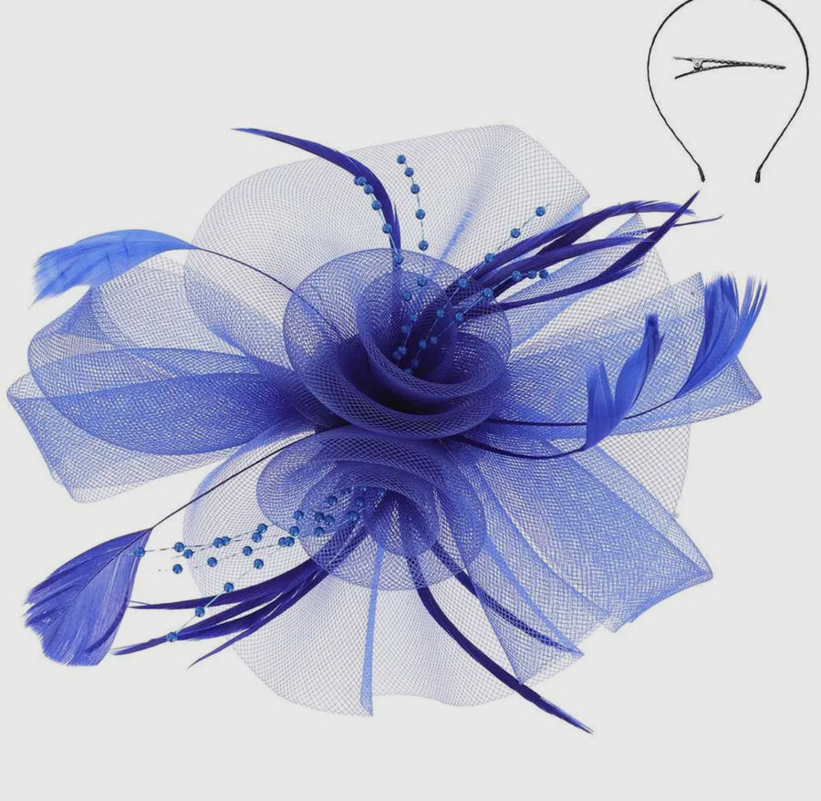 Blue Kentucky Derby flower feathers veiled fascinator