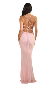 Light pink rhinestone mesh maxi dress with a lower back crisscrossed