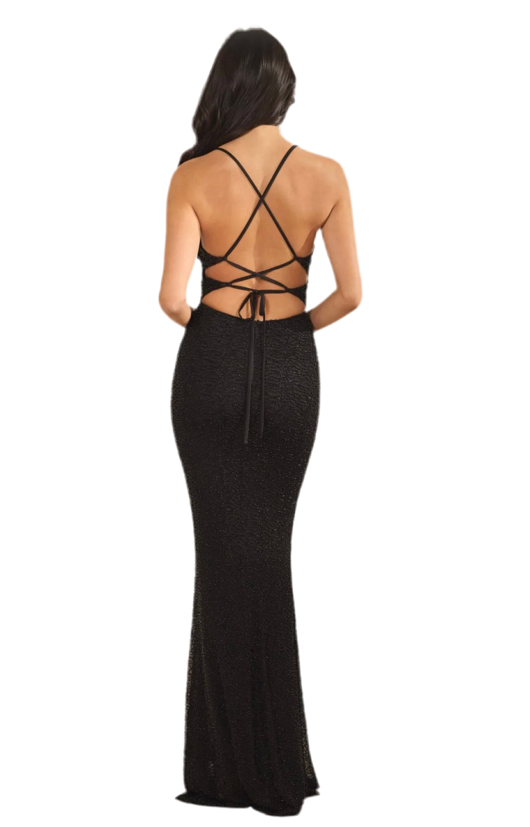 Black rhinestone mesh maxi dress with a lower back crisscrossed