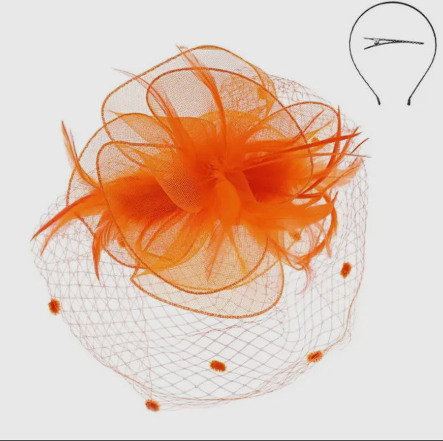 Orange Kentucky Derby flower feathers veiled fascinator