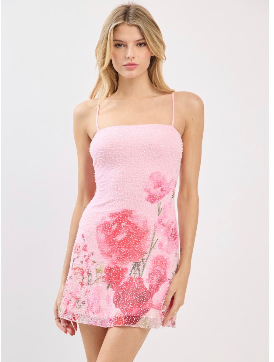Floral Light pink beaded mini dress