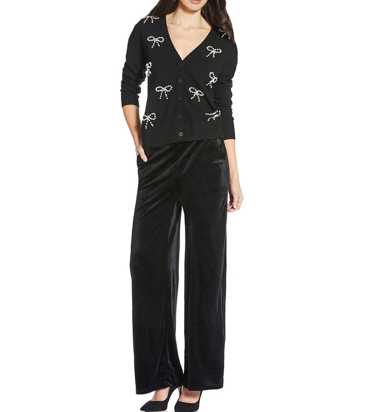 Black Jaina Pearl Bow V-Neck Long Sleeve Cardigan