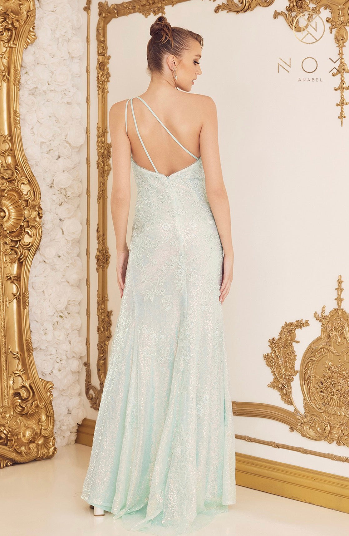Mint Green Beaded Tulle One-Shoulder Gown
