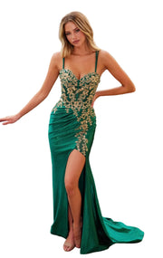 Emerald and gold Strapless Sweetheart Gown with Golden Floral Appliqu