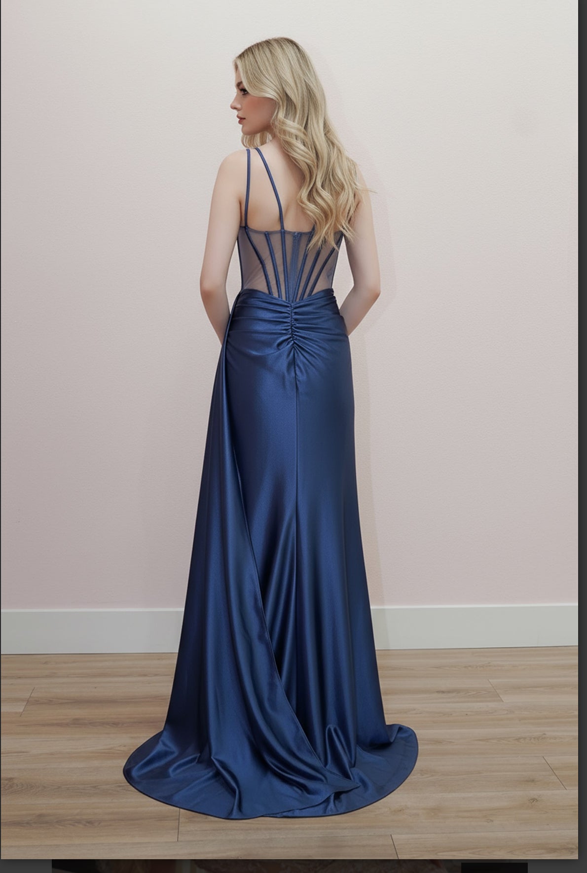 Fit and flare sweetheart bustline and boned waistline-Slater blue