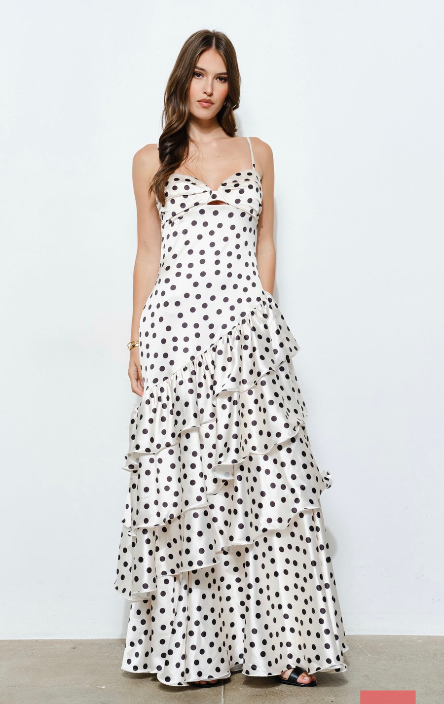 Satin Polka Dot Tiered Ruffle Maxi Dress-cream and black