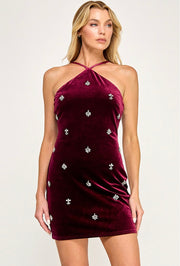 VELVET HALTER NECKLINE RHINESTONE MINI DRESS- Maroon /wine