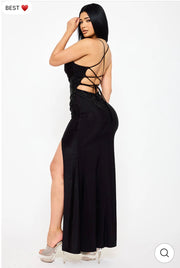 Black rhinestone on shakira rib mermaid maxi dress