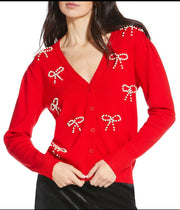 Red Jaina Pearl Bow V-Neck Long Sleeve Cardigan