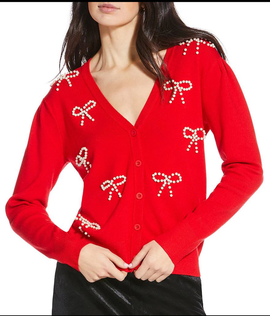 Red Jaina Pearl Bow V-Neck Long Sleeve Cardigan
