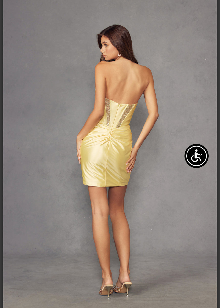 Yellow Satin corset mini dress with a side no tie bow Tabu Knits Boutique Yellow Satin corset mini dress with a side no tie bow Tabu Knits Boutique