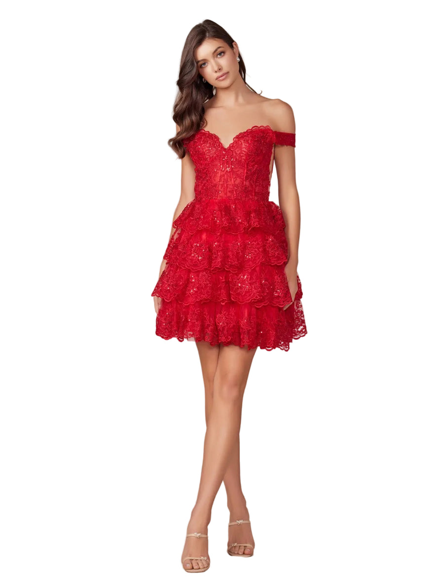 Red Embroidered Tiered off shoulder mini Dress