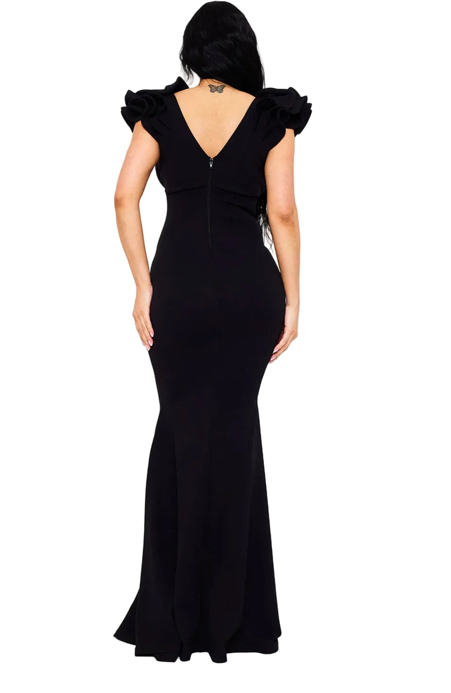 Black Rosette Sleeve Mermaid Dress