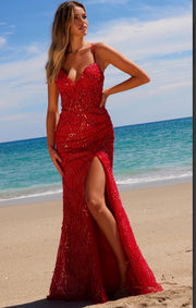 Red Beaded Tulle Lace-Up Dress with Slit
