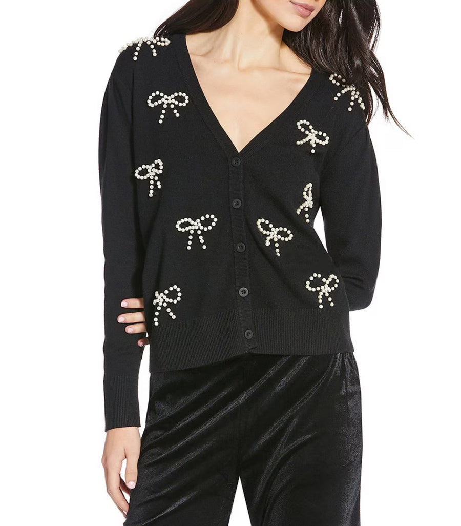 Black Jaina Pearl Bow V-Neck Long Sleeve Cardigan