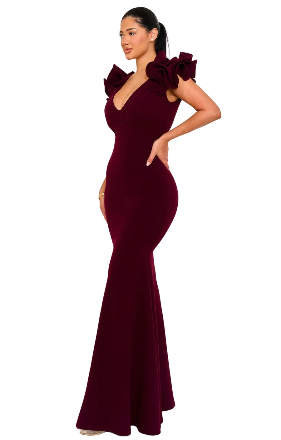 Maroon Rosette Sleeve Mermaid Dress